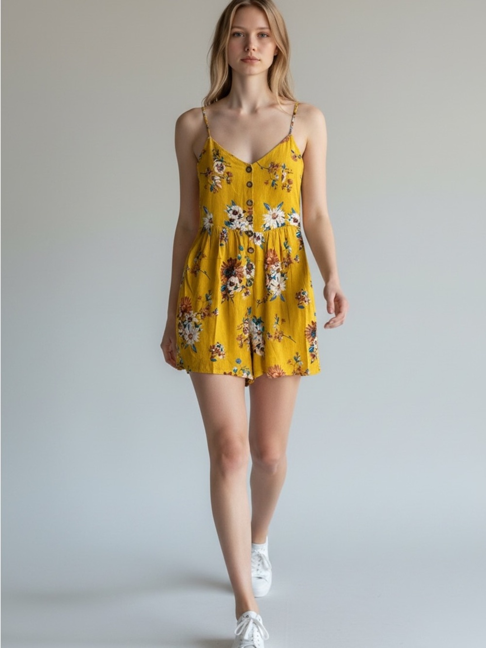 Yellow Floral Spaghetti-Strap Summer Romper